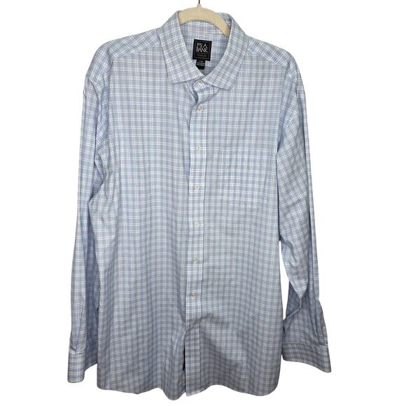 Jos  A Bank Traveler Blue & White Checkered Long Sleeve Men's Dress Shirt 17-36 - Picture 1 of 9